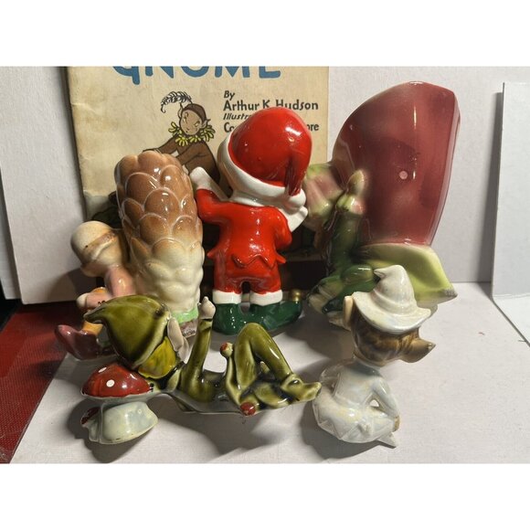 6 1950’s Japan ENESCO? PIXIE ELF FIGURINE Lot CERAMIC ELVES, Gnomes, Vase, 3”-5” - Picture 4 of 6